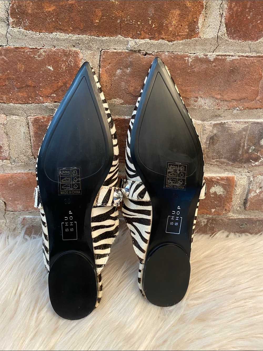 Shu Shop Alma Leather Zebra Hair Studded Pointed Toe Mules, Size 6 - Picture 15 of 16